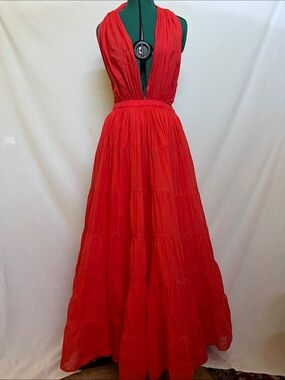 Erika Pena 100% Cotton Halter Red Tiered Maxi Dress